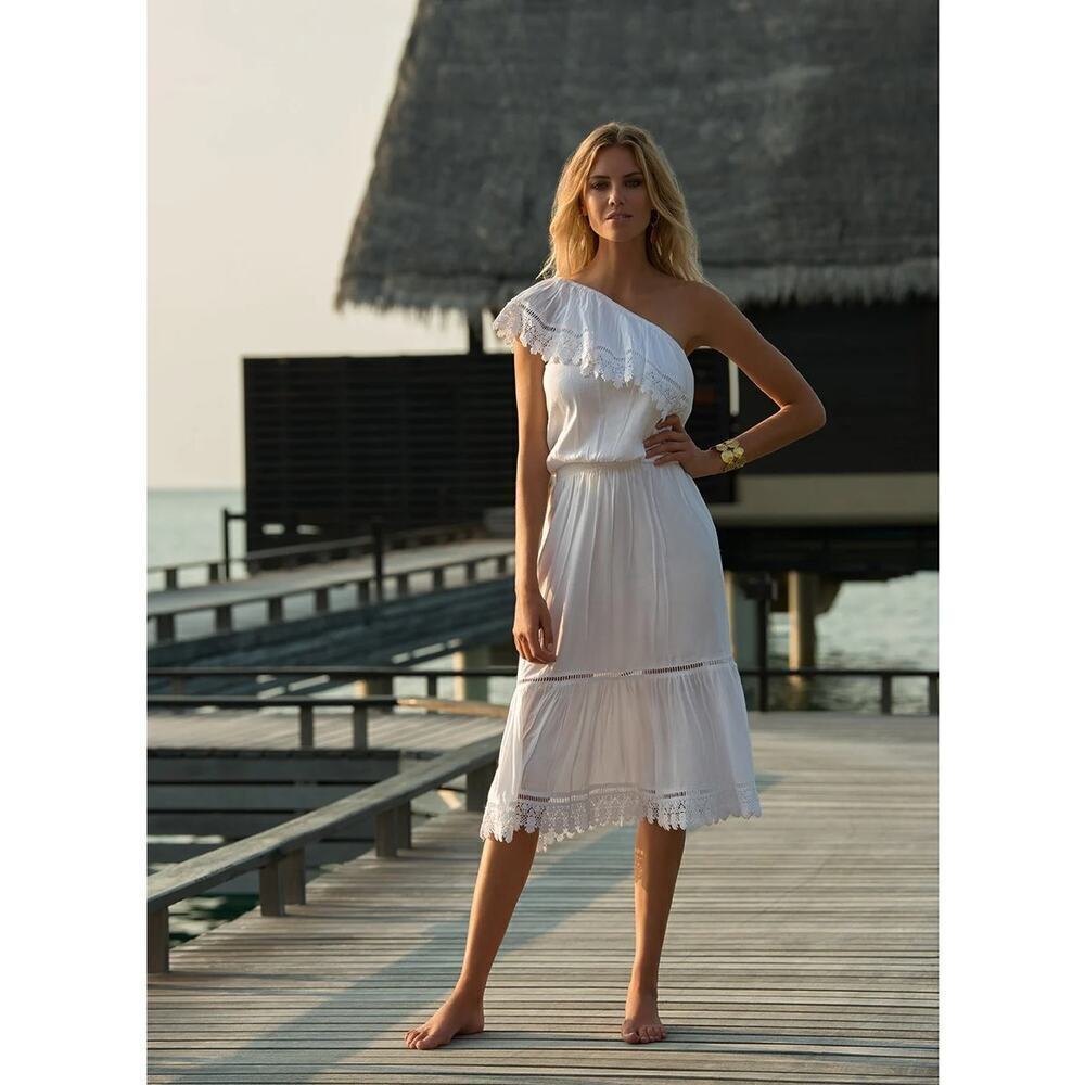 Melissa Odabash Jo Chochet One Shoulder Midi Dress White Size L